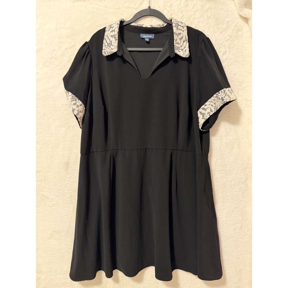 ModCloth Black Lace Collar Dress Womens 24 Short Sleeve Fit Flare Retro Mod